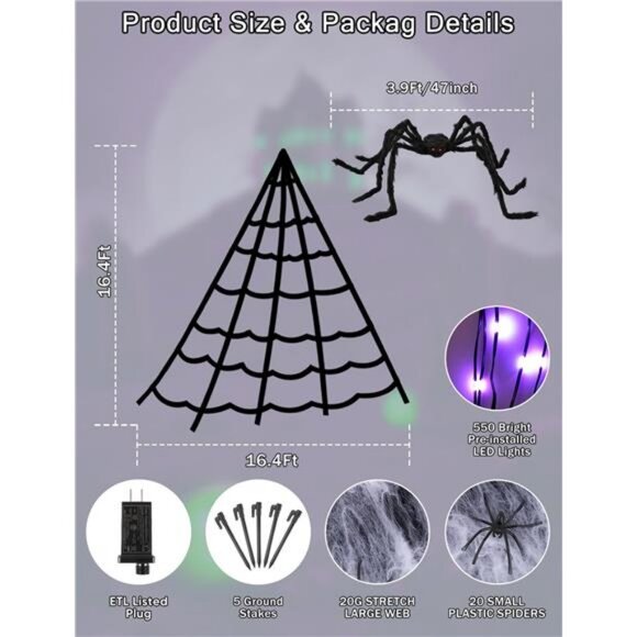 Halloween Decorations Outdoor Spider Web Lights - 550 LED 16.4Ft Spiderweb - Picture 4 of 7
